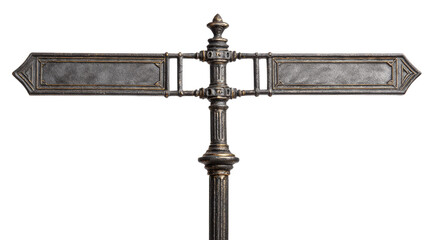 An ornamental metallic directional signpost with arrow shaped planks stands isolated on transparent background.
