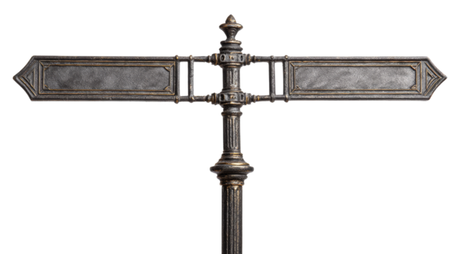 An ornamental metallic directional signpost with arrow shaped planks stands isolated on transparent background.

