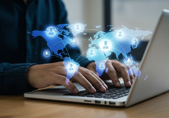 A man types on a laptop, and a world map with connected people icons appears above the keyboard