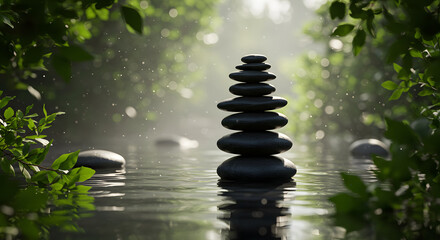 Obraz premium Stacked Black Stones in Serene Water with Green Foliage and Soft Light