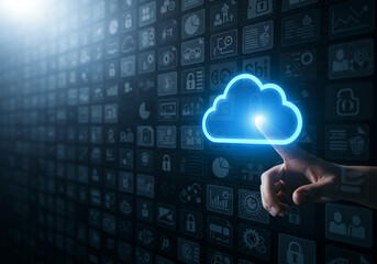 A hand touches a glowing blue cloud icon on a dark background with many digital icons