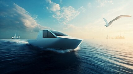 Futuristic boat sailing across a calm ocean under a bright blue sky
