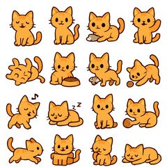 Playful Orange Cartoon Cats in Various Poses, Expressing Joy and Sleepiness.
