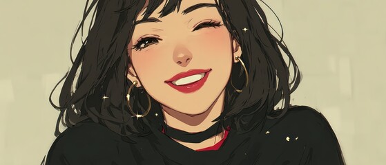 Fototapeta premium Close up portrait of a smiling young woman with dark hair winking wearing hoop earrings and red lipstick