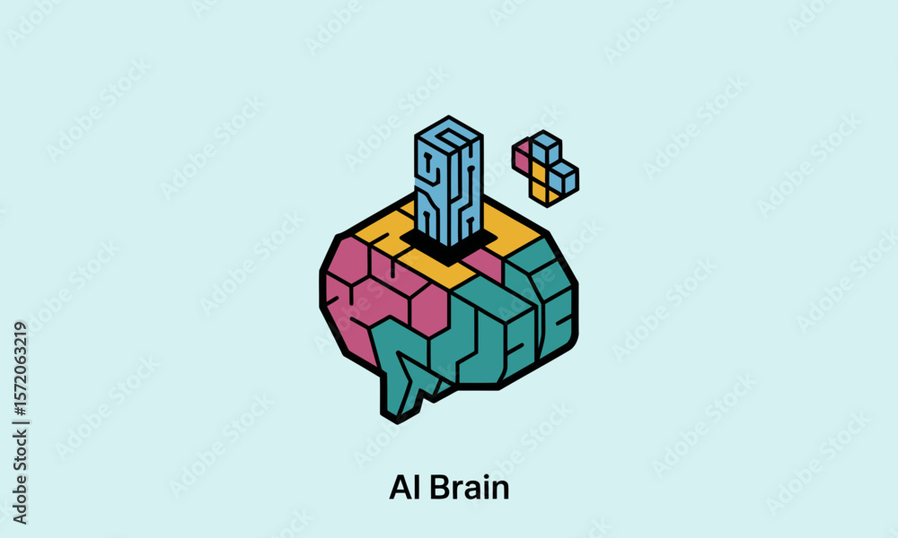 Fototapete ai brain: an isometric brain graphic processes data in a digital environment, symbolizing artificial