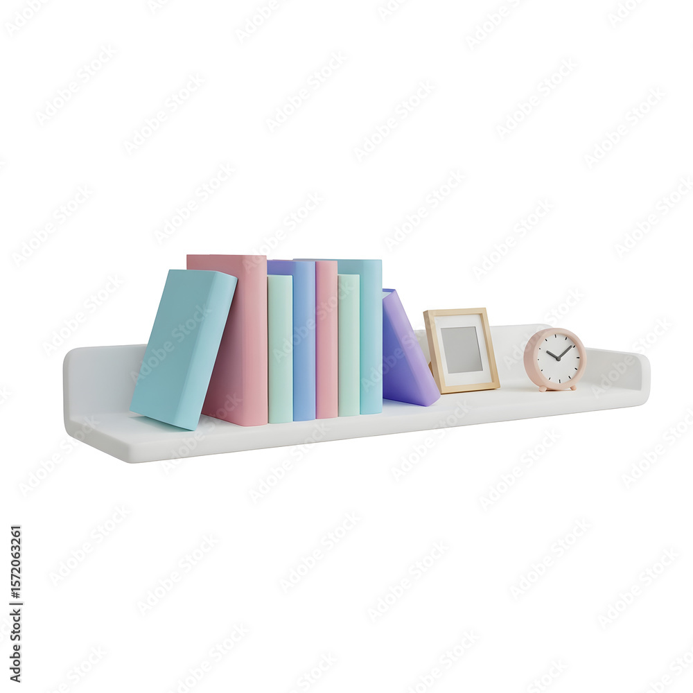 Fototapete a minimalist 3d rendered bookshelf featuring a collection of colorful books a picture frame and a cl