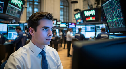 Financial Analyst Studying Monitors on Modern Trading Floor
