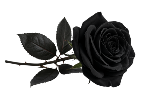 Elegant single black rose with dark leaves and thorns isolated on transparent background