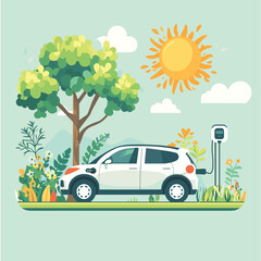 EV, Electric car clean energy environment friendly or hi technology using reusable solar power to fuel battery car concept, Electric car with power cable and electric plug with nat