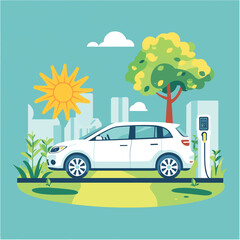 EV, Electric car clean energy environment friendly or hi technology using reusable solar power to fuel battery car concept, Electric car with power cable and electric plug with nat