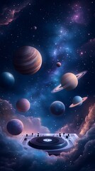 Naklejka premium Cosmic DJ Mixer Vinyl Record Spinning Amidst Planets and Stars A Futuristic Music Space Scene