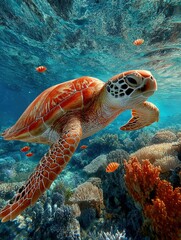 Fototapeta premium Vibrant underwater scene featu a detailed sea turtle swimming over colorful coral reef with marine life including fish and anemones in clear ocean water