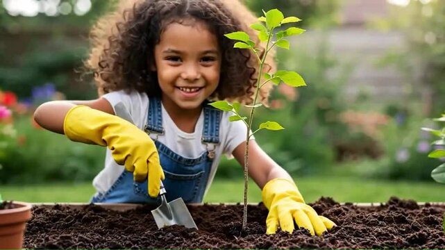 Young girl planting a seedling in a garden wearing yellow gloves and denim overalls - Powered by Adobe