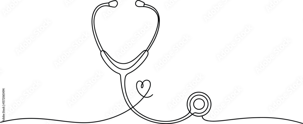 Poster a minimalistic line drawing of a stethoscope with a heart detail on a white background with light sh