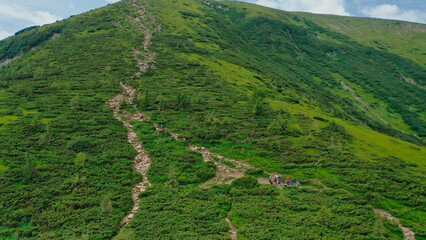 Mountain hikers journeying along a rugged trail in a lush green landscape