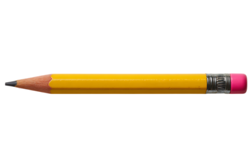 A sharpened yellow pencil with a pink eraser isolated on transparent background