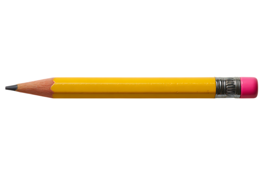 A sharpened yellow pencil with a pink eraser isolated on transparent background