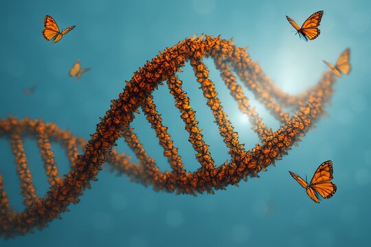DNA Double Helix Formed From A Swarm Of Orange Monarch Butterflies Against A Blue Background, Symbolizing Genetic Evolution, Transformation, And The Beauty Of Life's Code, Science And Nature, Evolutio