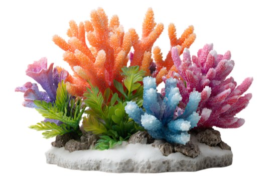 Colorful artificial coral reef with vibrant orange pink and blue coral and green plants isolated on transparent background