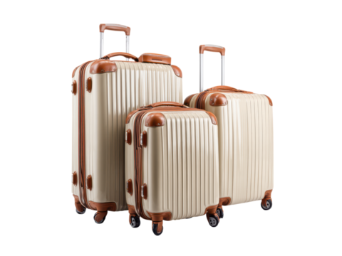 Cream colored luggage with brown accents and wheels travel bags, Isolated, Transparent Png