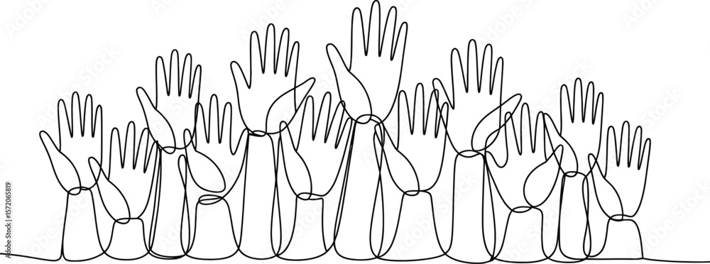 Poster a single line drawing of many hands raised together on a white background in a continuous black line