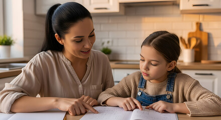 Mother Assisting Daughter with Homework at Kitchen Table