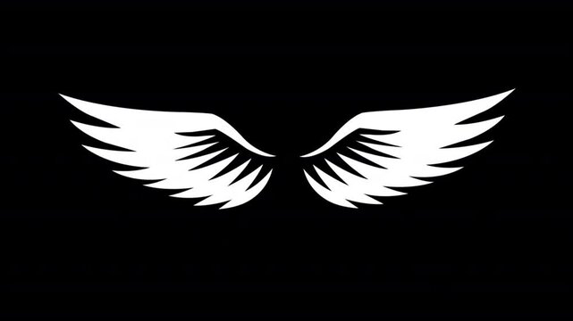 Flying wings icon sign animation on black background, animated 2d angle wings flapping cartoon in air with alpha channel.