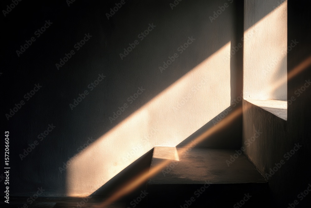 Aufkleber sunlight shining through a small window creating shadows and light on a minimalist wall in a modern 