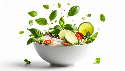 Ultrarealistic Pho Ingredients Hovering Above Broth Ripple with Fresh Herbs in Motion – Stunning Vietnamese Soup Composition