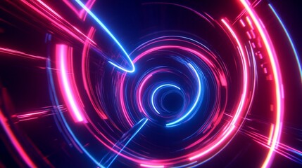 Abstract Neon Light Tunnel with Pink and Blue Glowing Circular Rays