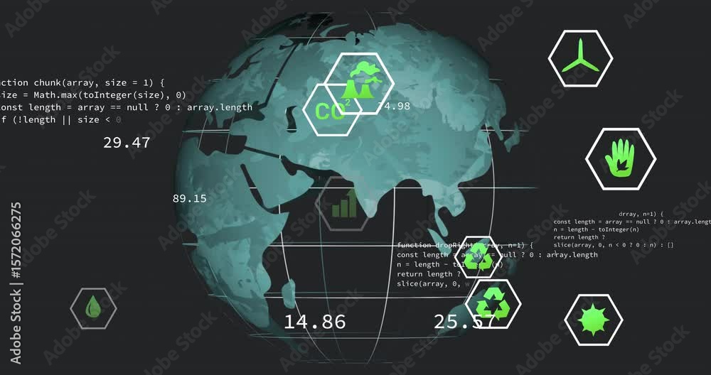 Aufkleber code snippets fading, globe appearing, icons updating metrics, rotating to visualize global metrics