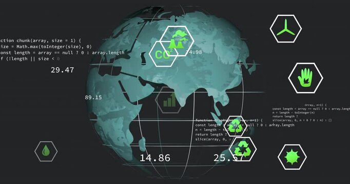 Code snippets fading, globe appearing, icons updating metrics, rotating to visualize global metrics
