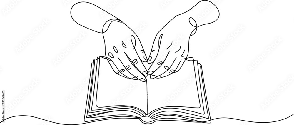 Poster continuous line drawing of hands over an open book with light emanating from the pages on a white su