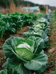 Vibrant Fresh Green Cabbage Plants Growing in a Farm Garden with Loamy Soil and A Distressed Wooden Background