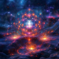 Obraz premium Cosmic Geometry Vibrant energy sphere over fiery landscape
