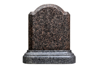 A single granite tombstone with a rounded top and a tiered base isolated on transparent background