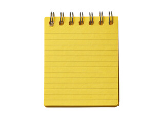 Bright yellow notepad with metal spiral binding and horizontal lines paper writing, Isolated, Transparent Png