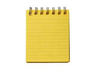 Bright yellow notepad with metal spiral binding and horizontal lines paper writing, Isolated, Transparent Png