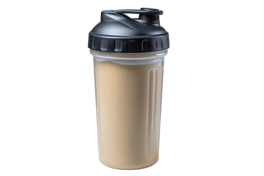 Plastic shaker bottle filled with a creamy beige protein shake isolated on transparent background
