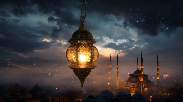 A stunning ornate lantern radiating warm golden light above a picturesque Middle Eastern cityscape