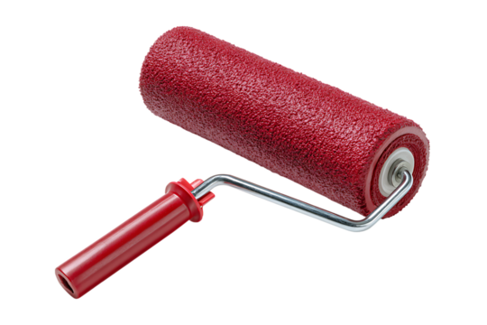 Red textured paint roller with metal frame and plastic handle isolated on transparent background