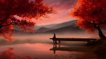 A serene and atmospheric scene of a wooden pier overlooking a calm reflective lake surrounded by vibrant autumn foliage and a glowing pink orange sunset