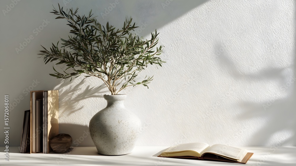 Poster minimalist corner with a ceramic vase holding a small olive tree casting a soft shadow on the white 