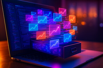 Neon Growth Charts Emerging from Laptop Data File Drawer Cyberpunk Style Business Success Concept
