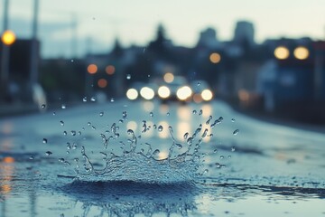 Rain splash on city street at dusk