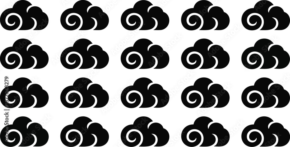 Poster a pattern of twenty black cloud icons arranged in rows on a light background with subtle shadows ove