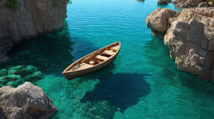 Wooden rowboat floats peacefully in crystal clear turquoise water near rocky cliffs