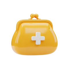 3D rendering of an orange wallet with a white plus sign in the center. It's a healthcare or financial symbol, with a transparent background for versatile use.