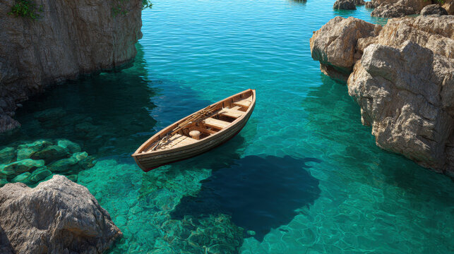 Wooden rowboat floats peacefully in crystal clear turquoise water near rocky cliffs