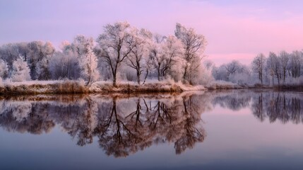 A serene winter landscape with a tranquil lake reflecting the pastel pink sky and trees covered in delicate hoarfrost at the peaceful dusk hour